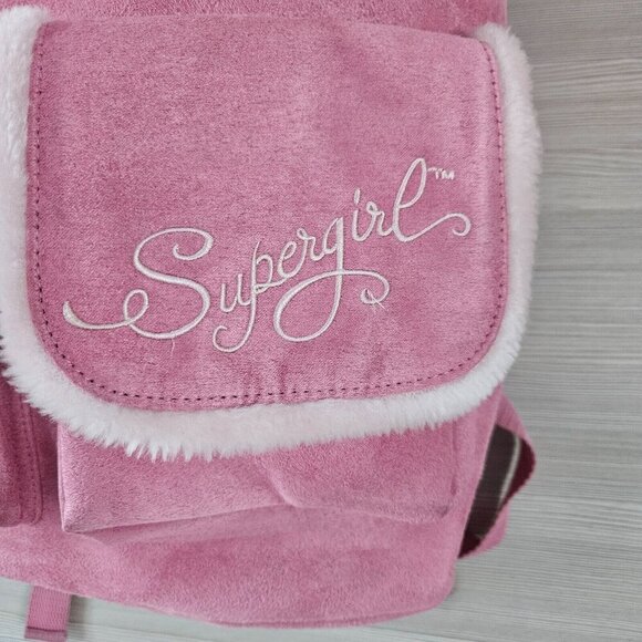 Supergirl Pink Faux Suede Backpack W/ Rhinestone Logo Furry Trim Bling Superhero - Picture 3 of 16